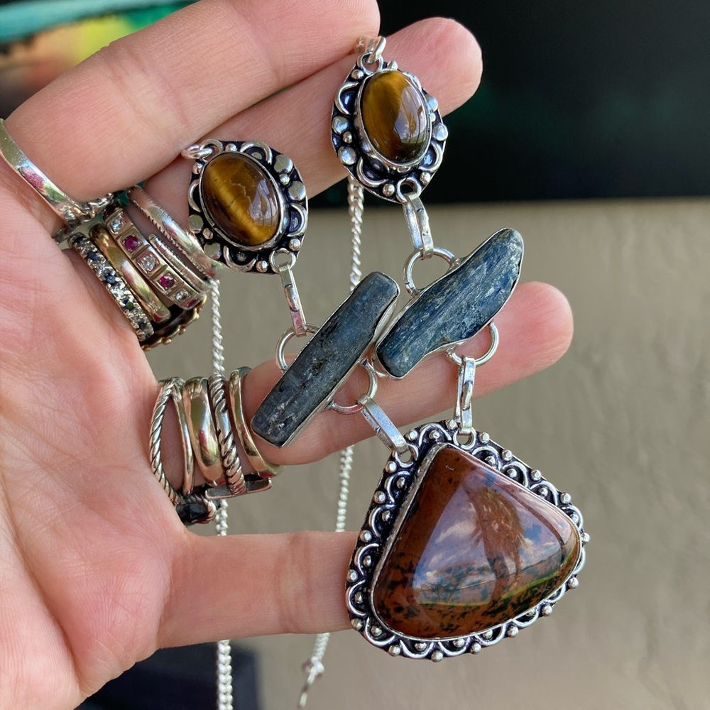 925 sterling silver overlay red jasper tiger eye kyanite gemstone boho necklace - Picture 10 of 16